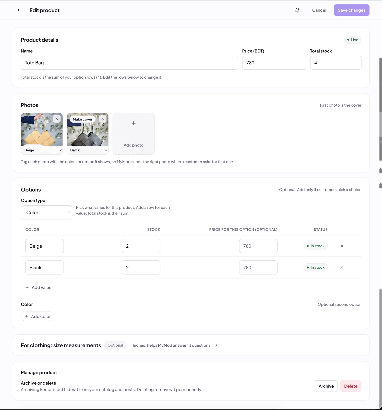 MyMod product editor with per-variant color, stock, price, and photos tagged to each option