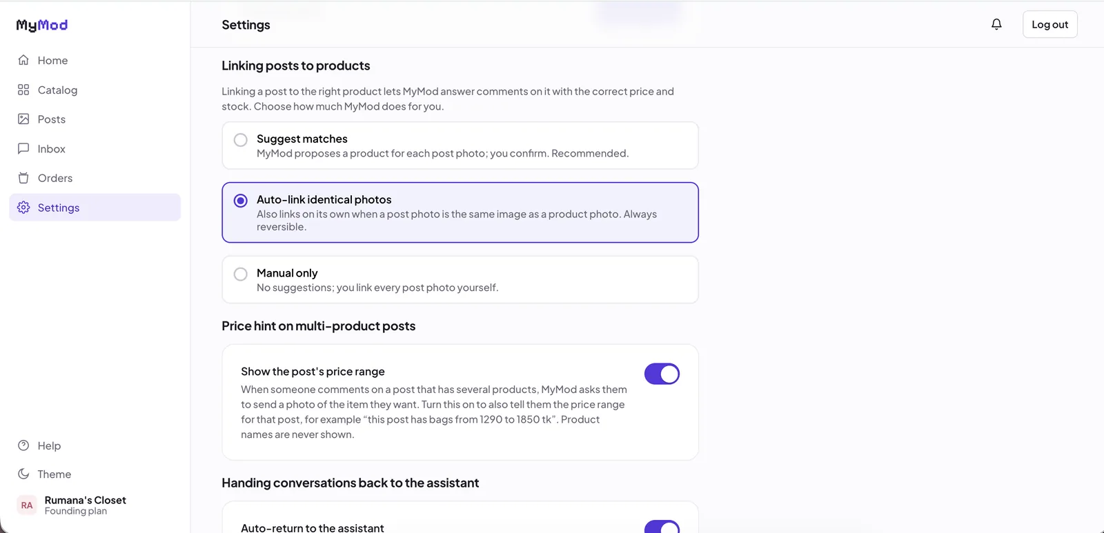 MyMod settings for auto-linking photos, price hints on multi-product posts, and handing conversations back to the assistant
