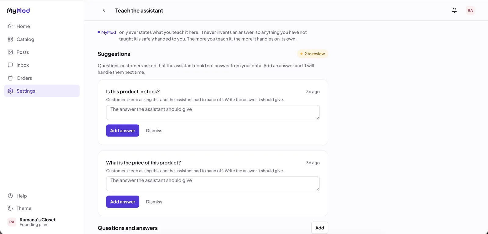 MyMod Teach the assistant screen with suggested questions from real buyer conversations