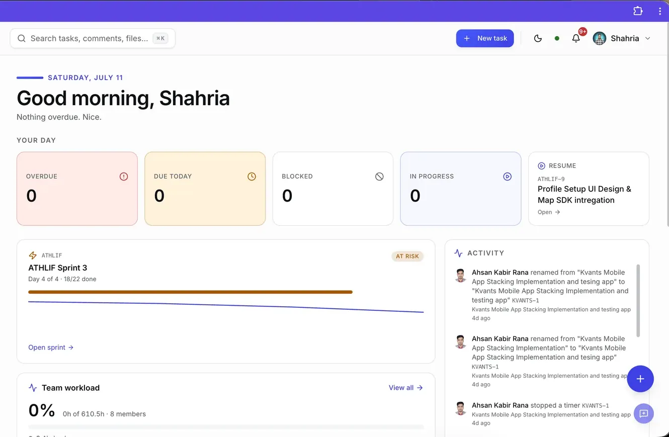 Scrumo dashboard showing daily overview, sprint health, team workload, and live activity feed